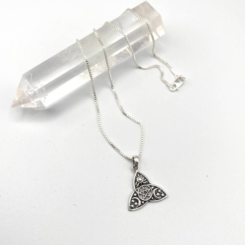 Sterling Silver Celtic Pentagram, Sun, Moon, & Stars Necklace Irish Trinity Knot